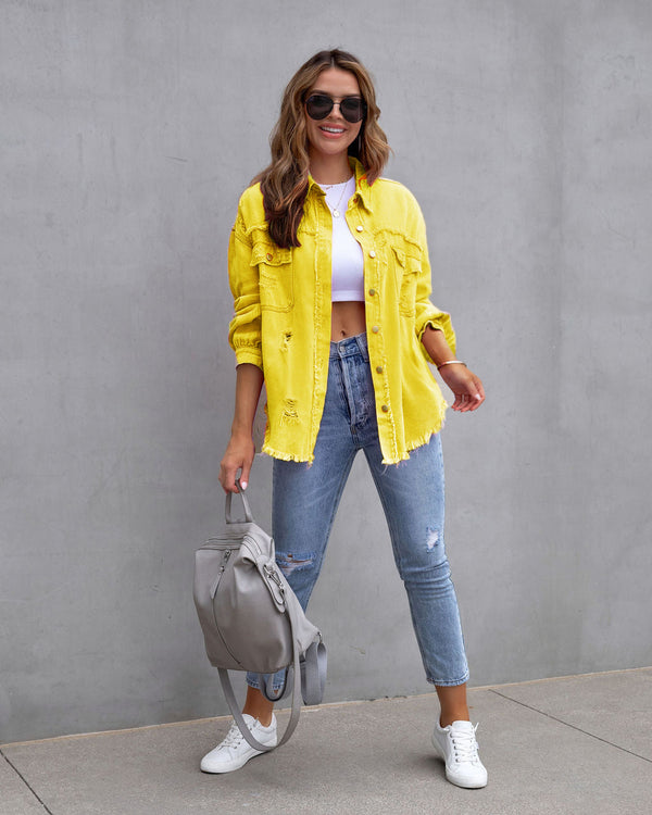 Women's Plain Button Front Ripped Drop Shoulder Coat | Casual Long Sleeve Shirt