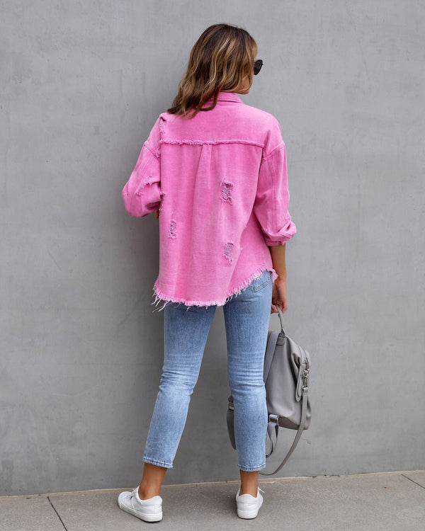 Women's Plain Button Front Ripped Drop Shoulder Coat | Casual Long Sleeve Shirt