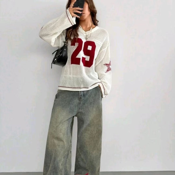 Women's Colorblock Figure Pattern Hollow Out Longsleeves Sweater