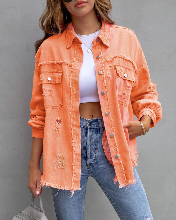 Women's Plain Button Front Ripped Drop Shoulder Coat | Casual Long Sleeve Shirt
