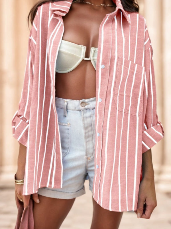 Women's Striped Print Button Shirt, Casual Long Sleeve Collared Top