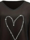 Women's Rhinestone Heart-shaped V-neck Straight Casual Long-sleeved Top