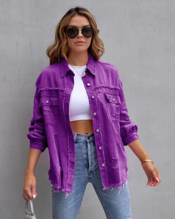 Women's Plain Button Front Ripped Drop Shoulder Coat | Casual Long Sleeve Shirt