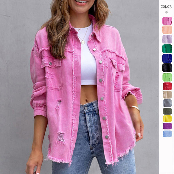 Women's Plain Button Front Ripped Drop Shoulder Coat | Casual Long Sleeve Shirt
