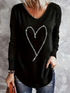 Women's Rhinestone Heart-shaped V-neck Straight Casual Long-sleeved Top