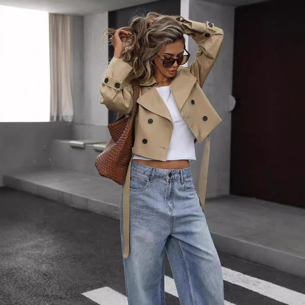 Women’s Cropped Double-Breasted Trench Coat – Fall Winter Fashion