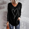Women's Rhinestone Heart-shaped V-neck Straight Casual Long-sleeved Top