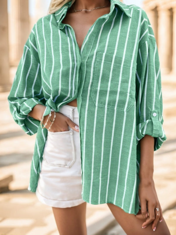 Women's Striped Print Button Shirt, Casual Long Sleeve Collared Top
