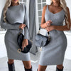 2pcs Suit Women's Solid Stripe Long-sleeved Top And Tight Suspender Skirt
